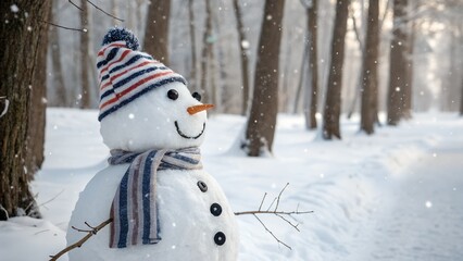 Fototapeta premium A cheerful snowman wearing a striped hat and scarf stands in a snowy winter forest during a snowfall
