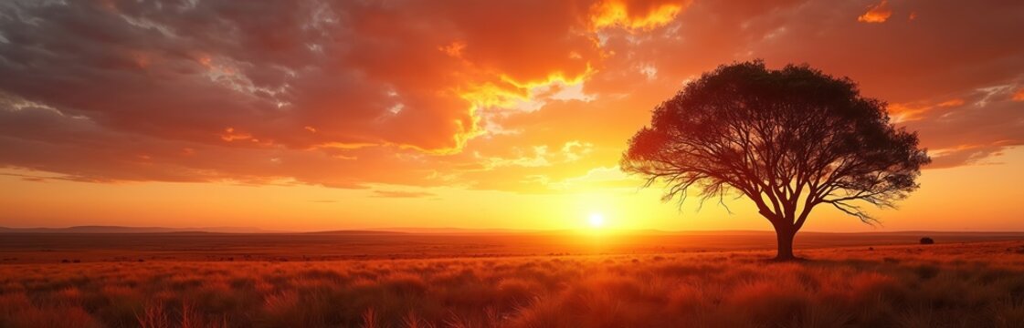 African savanna landscape at sunset. Single acacia tree stands on dry grass field under vibrant orange sky. Distant hills under dramatic clouds. Vast open space. - Powered by Adobe