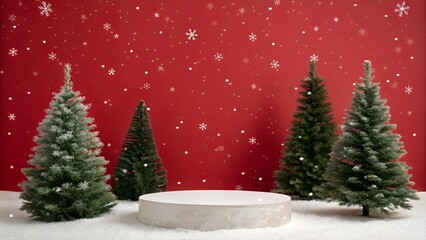 Obraz premium A clean minimalist Christmas background pine trees. a red backdrop. snowflakes. and a round