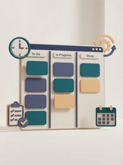 Kanban board with clock, calendar, and checklist for project management