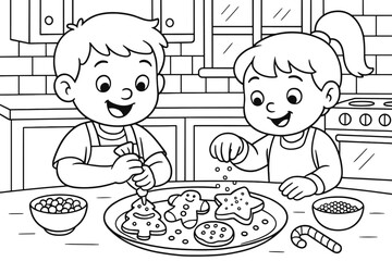 Kids Cookie Decorating. Festive baking fun children?s coloring book illustration, outlined drawing, two kids