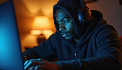 Young man in hoodie with headphones works late on laptop indoors. He types on keyboard. Blue and orange light illuminates room. He is focused on his screen.