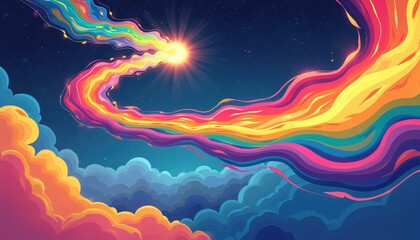 Colorful comet streaks across starry night sky. Abstract waves of rainbow colors flow through clouds. Symbolizes energy, pride, diversity, and cosmic wonder in a vibrant display.