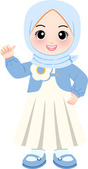 Cute cartoon girl wearing a light blue hijab and white dress, cheerfully giving a thumbs-up gesture, symbolizing approval and positivity for children's content