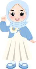 Cheerful Cartoon Muslim Girl in Blue Hijab Pointing Upwards with a Happy Expression, a Delightful Vector Illustration Representing Ideas or Guidance