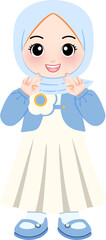 Happy cartoon girl in a blue hijab and dress, making a peace sign gesture, with a bright smile