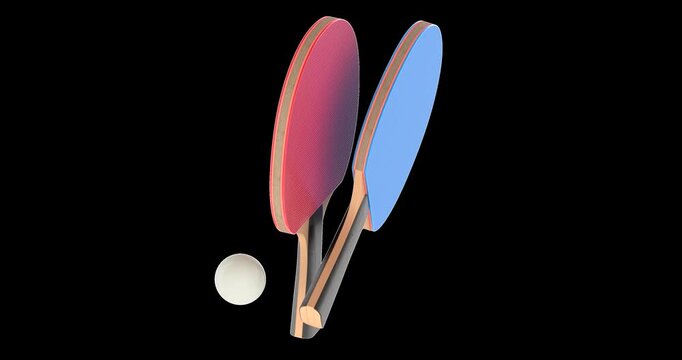 Two table tennis paddles and a ball rotation animation seamlessly loopable. 3D rendering isolated on transparent background