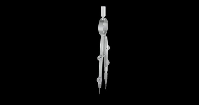 Metallic drawing compass rotation animation seamlessly loopable. 3D rendering isolated on transparent background