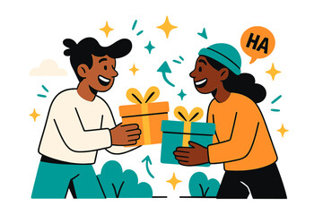 Gift Exchange Delight. Friends exchanging gifts outside. Two friends smiling and handing each other wrapped