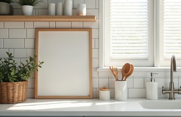 Empty wood frame rests on kitchen counter. Scandinavian style interior with plants cookware and sunny window. Modern home decor with copy space for text.