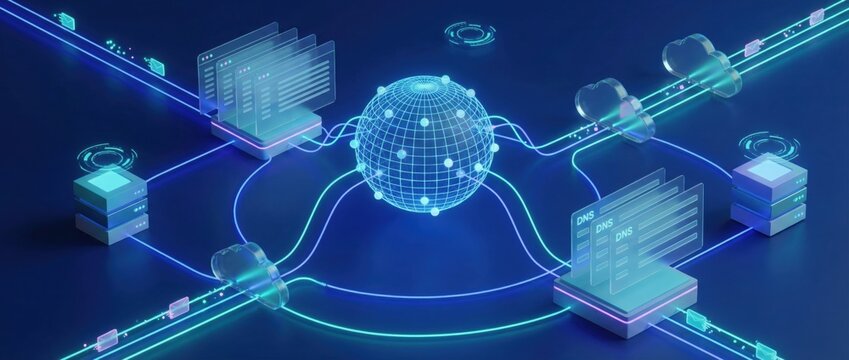 Abstract illustration of a global network with cloud computing and data servers