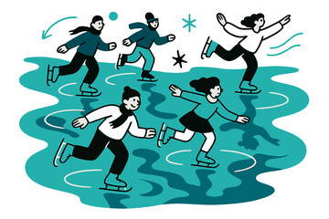 Dynamic Ice Skaters. Frozen lake with skaters and reflections. Ice surface mirroring figures in smooth waves