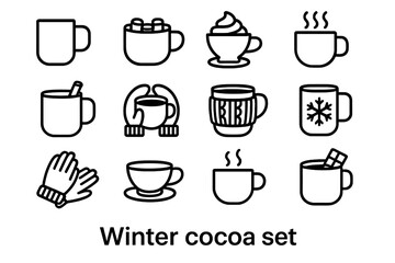 Winter Cocoa Icons. Winter cocoa. Line outline icon set of winter cocoa: hot cocoa mug, cocoa with