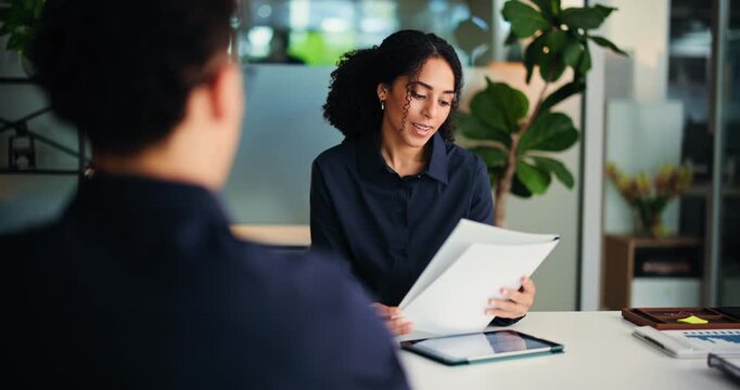 Document, interview and business woman in office for contract, cv or discussion with tablet. Recruitment meeting, paperwork or man with hr manager for job opportunity, resume and smile with candidate