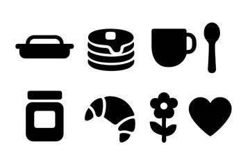 Bedtime Brunch Icons. Bedtime Brunch. Filled icon set of Bedtime Brunch: tray, pancakes, cup, spoon, jam jar,