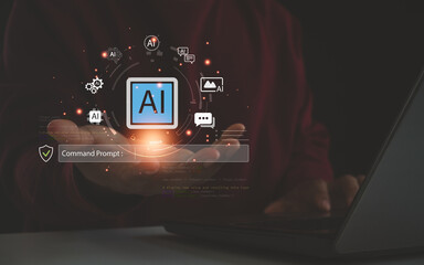 Artificial intelligence interface displayed above programmer hand, AI icon, command prompt element and digital innovation, modern machine learning technology and advanced computing system.