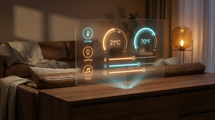 Smart home control panel with climate, lighting, and media controls