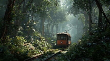Vintage electric tram slowly navigates overgrown tracks deep within a lush mysterious tropical rainforest setting