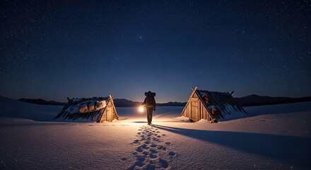 Traveler with lantern walks between two snow shelters under a starry night sky