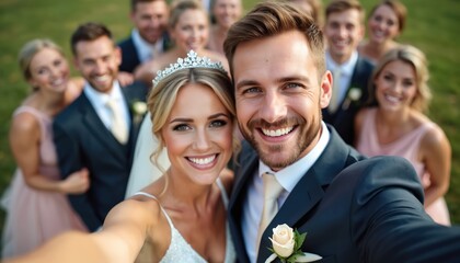Bride and groom take joyful selfie with wedding party. Happy couple smile with friends and family. Guests celebrate marriage event outdoors. Captured moment of love.