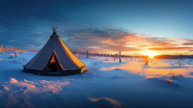 A cozy tipi tent is set up in the snow-covered landscape as the sun rises, casting a warm glow on the scene.