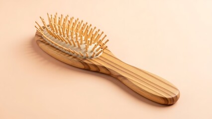 A close-up shot of a wooden hairbrush on a pastel-colored surface. It shows the brush in detail