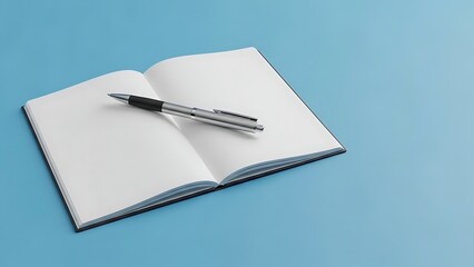 An open notebook with a pen on top, ready for writing on a plain light blue surface. The pen is placed horizontally across the blank pages, creating a clean and organized workspace
