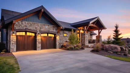 Naklejka premium A beautiful luxury custom-built home with a stone and wood exterior, dual garage doors, and a scenic mountain landscape at dusk.