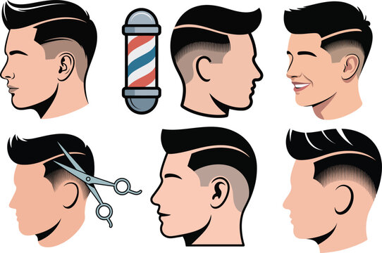 Fade haircut men with barber pole and scissors various styles set
