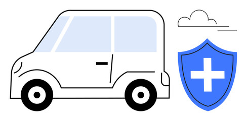 Auto insurance, vehicle safety, accident coverage, transportation security, road safety, insurance protection. Minimalistic car and shield with cross symbol. Auto insurance and vehicle safety concept