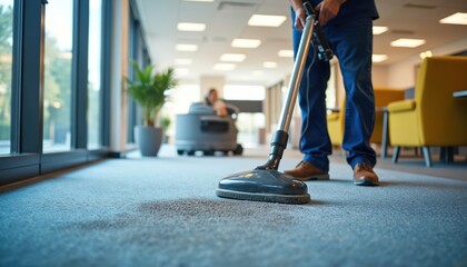 Man cleans dirty office carpet with vacuum cleaner. Professional cleaning service restores floor in modern workspace. Janitor uses equipment for deep sanitation.