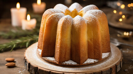 A photograph of a golden Pandoro cake sitting elegantly on a rustic wooden board, dusted with powdered sugar that creates delicate white patterns against its warm, buttery surface. The traditional sta