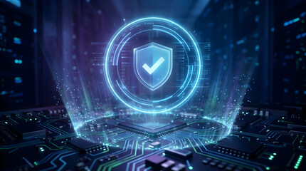 Secure Digital Ecosystem: Glowing Shield on Computer Chip