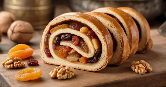 A close-up photograph of a traditional Gubana pastry from Friuli, showcasing its distinctive spiral snail-shell shape with golden-brown baked dough. The pastry is sliced to reveal its rich interior fi