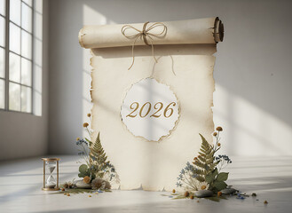 Vintage Parchment Scroll with 2026, Dried Flowers, and Hourglass
