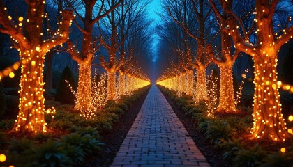 Pathway lined with trees decorated with warm glowing lights at night. Rich bushes surround paved walkway leading into dimness. Magical winter garden displays.