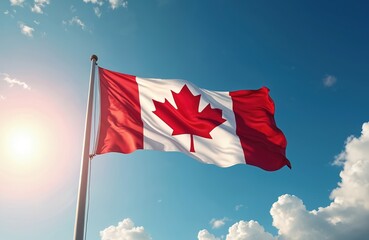 Naklejka premium Canadian flag with red maple leaf waves on pole against bright blue sky and sun. White clouds drift in background. Symbol of countrys identity and pride.