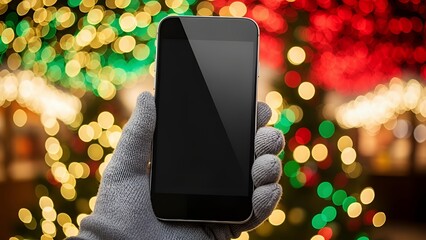 Hand Holding Smartphone in Front of Festive Christmas Lights with Bokeh Effect