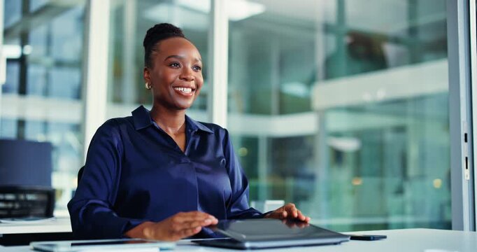 Completed, laptop and thinking with business black woman in office for account closer, smile and vision. Satisfaction, portfolio manager and idea with person in agency for financial report deadline