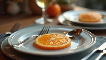 Table setting features white plates with orange slices, silverware, and a wine glass. Two place settings await guests for a meal. Elegant dining presentation.