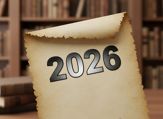 Year 2026 on old parchment scroll in library, future education
