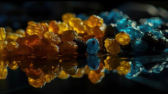Colorful beads arranged in an organized pattern on a reflective surface.