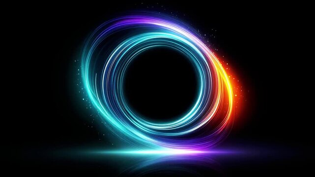 An abstract visual representation of swirling multi colored light forming concentric rings against a deep black background suggesting energy or a portal effect