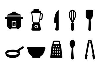 Kitchen essentials solid icon set. Cooking, utensils collection for culinary projects