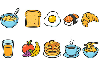 Breakfast foods flat icon set. Start your day with vibrant morning meal icons.