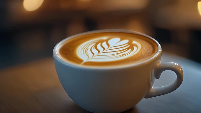 Close Up Of A White Cup Of Coffee With Latte Art On A Wooden Table With Blurred Lights Background