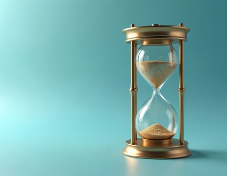 Golden hourglass on blue background shows time passing. Sand flows from top bulb to bottom. Concept of limited time, deadline, urgency and speed.