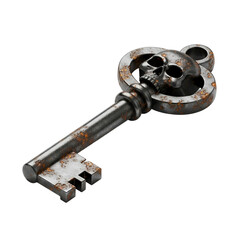 Obraz premium Isometric 3D render of a dungeon key, heavy iron with a skull bow, rusted texture, isolated on transparent background. Perfect for game assets, Halloween designs, escape room graphics,