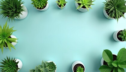 Various green plants in white pots are arranged on pastel blue surface creating refreshing natural display. This top view composition offers clean, vibrant aesthetic for home decor, wellness themes.
