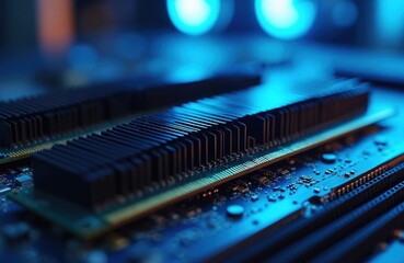 Blue lit DDR4 computer RAM modules installed on circuit board. Close up view of desktop PC hardware components, data storage elements. Microchips in gaming rig.